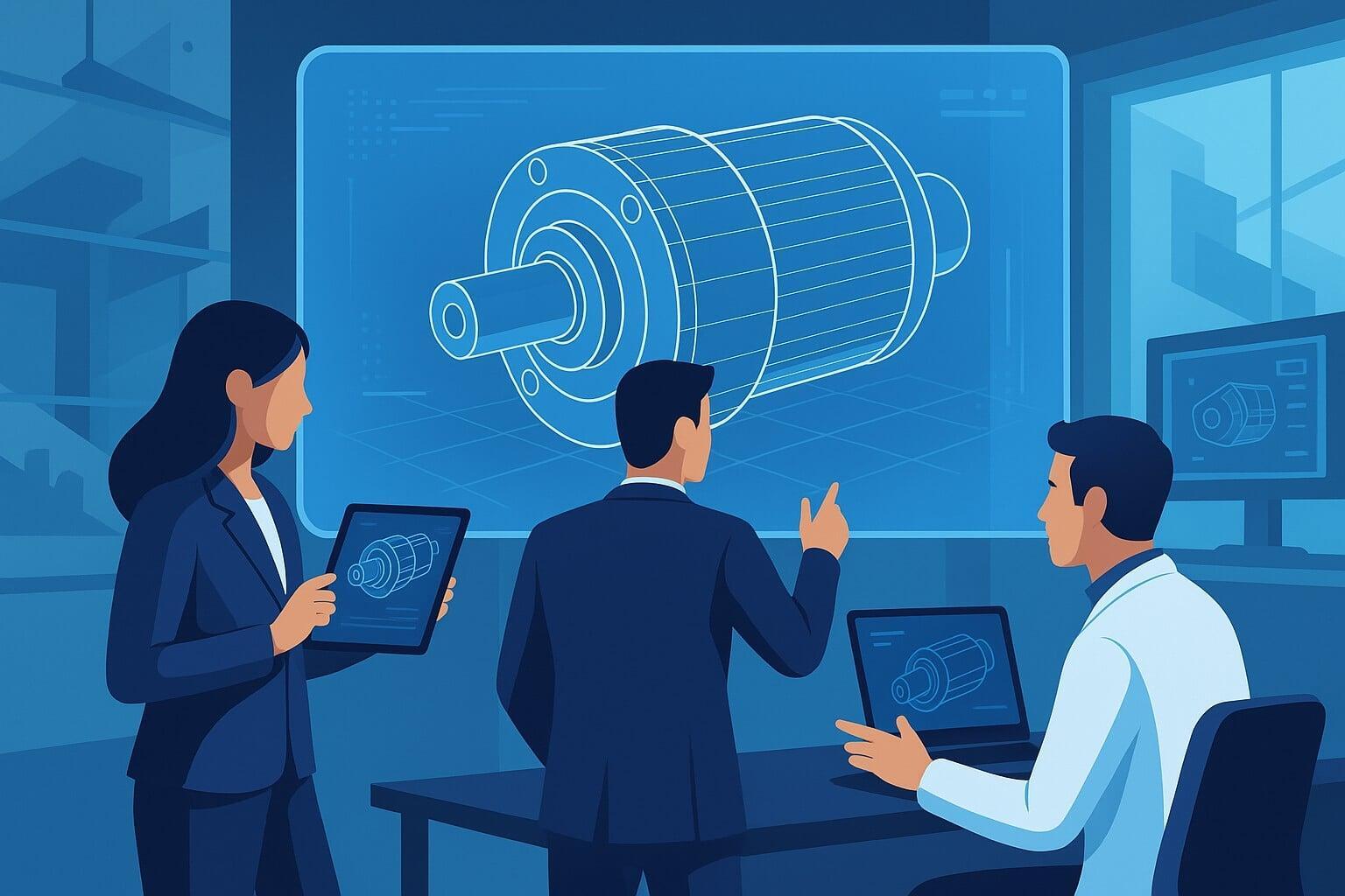Three engineers reviewing a 3D CAD model of a mechanical part on digital screens and devices in a modern design office.