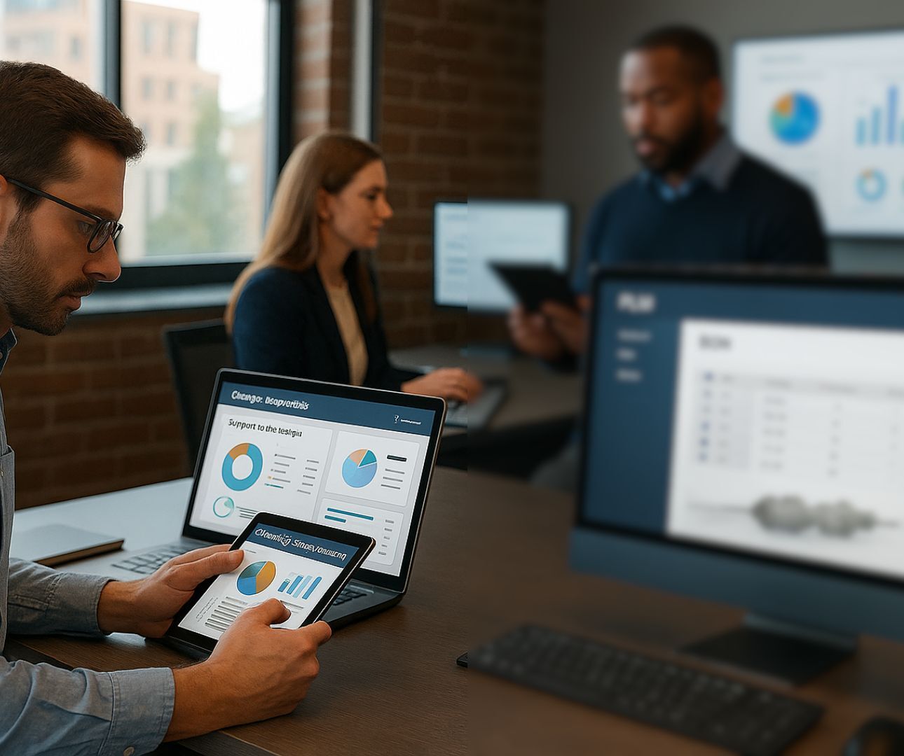 Team of professionals working on customized PLM dashboards in a modern office setting, with screens showing change requests, BOMs, and production data.