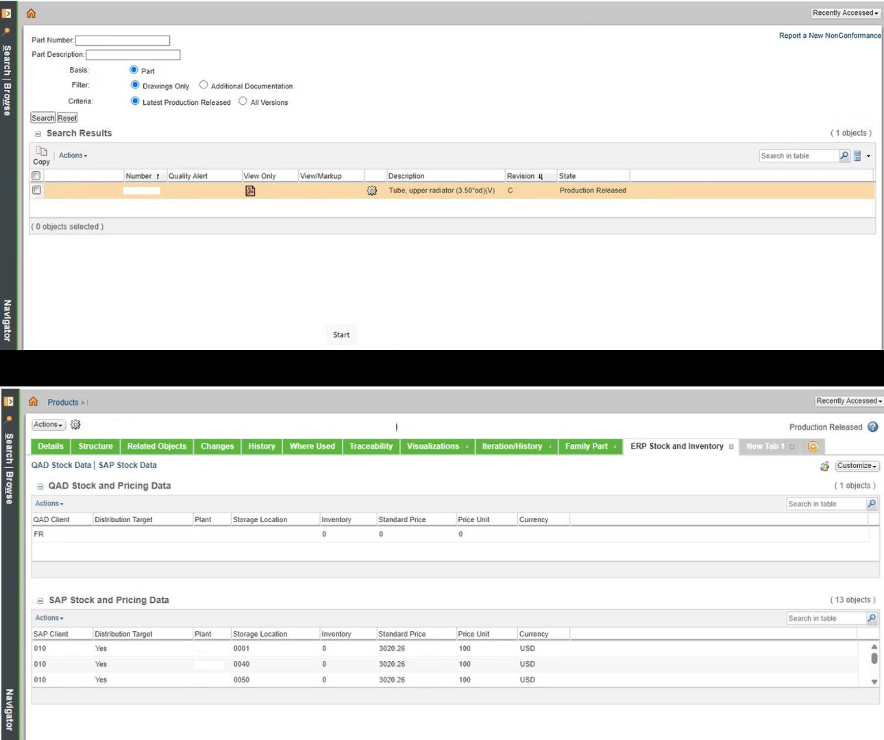 Two-screen comparison showing a basic PLM interface with a simple part search and data tables for inventory and pricing—highlighting the need for more customized, role-specific data presentation.