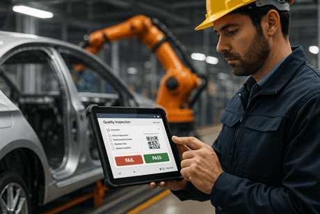 A manufacturing worker in a hard hat uses a tablet to perform a digital quality inspection. The tablet screen shows a form with "PASS" and "FAIL" buttons, indicating a digital process replacing a traditional checklist. A robotic arm is visible in the background.
