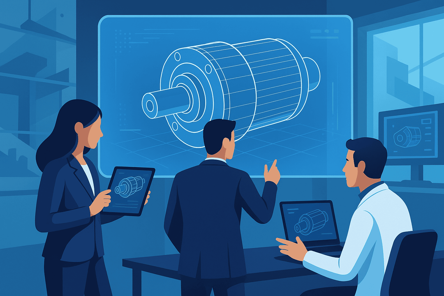 Illustration of engineers collaborating in a high-tech workspace, analyzing a digital twin of a mechanical component displayed on a large transparent screen, with supporting views on tablet and laptop devices.