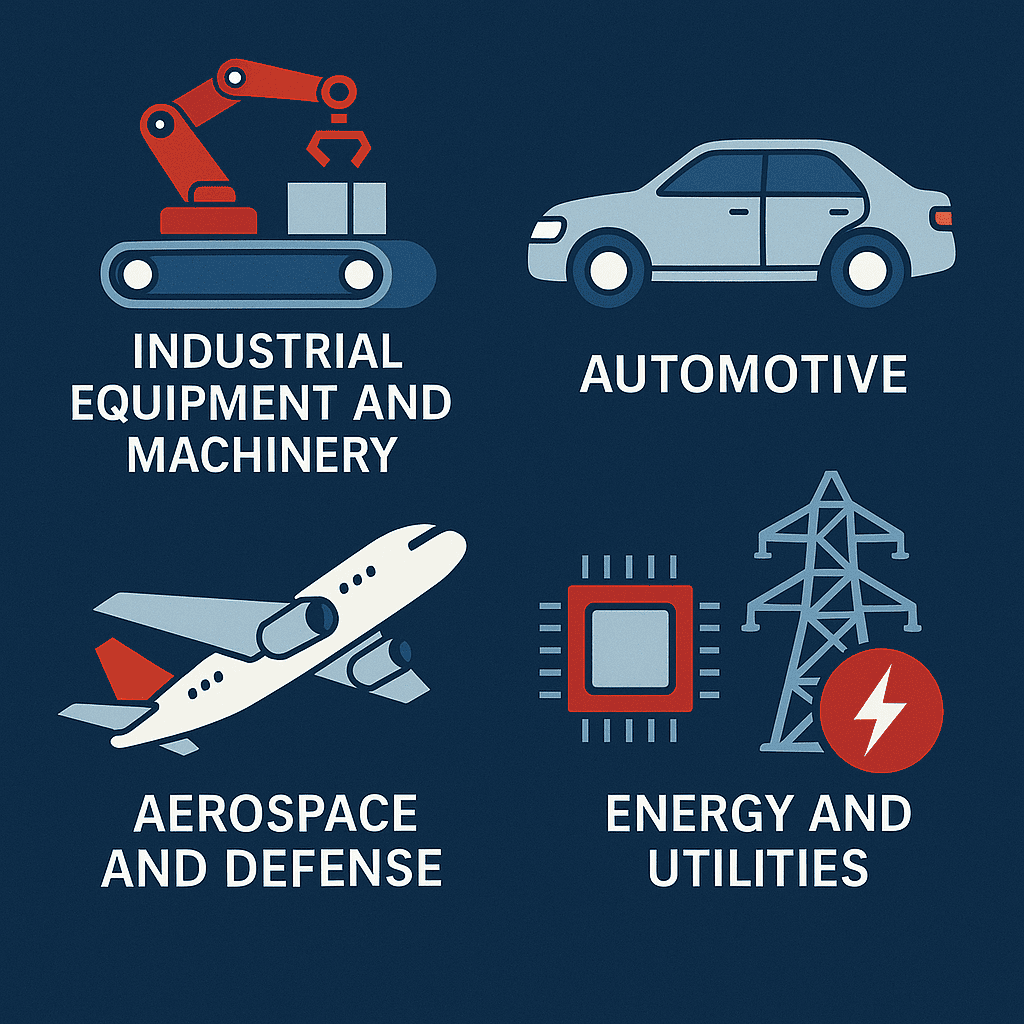 Icons representing industries: industrial equipment, automotive, aerospace and defense, energy and utilities.