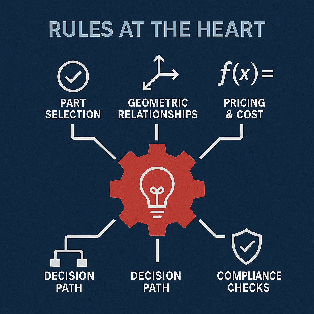 Diagram showing rules-based automation: part selection, geometric relationships, compliance, cost, and decision logic.