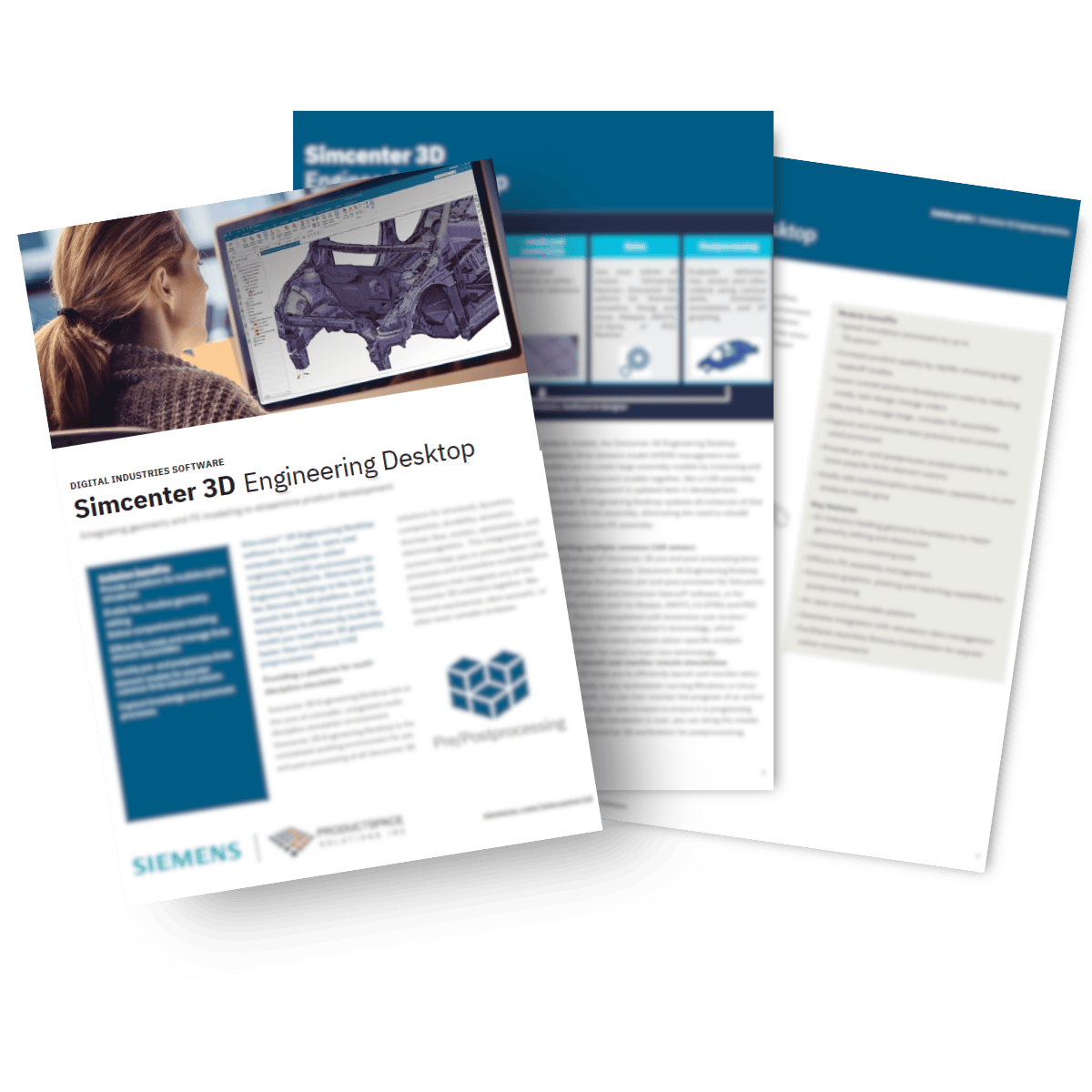A photorealistic rendering of a three-page Siemens and ProductSpace whitepaper spread, highlighting Simcenter 3D Engineering Desktop with a woman analyzing CAD data on a monitor.