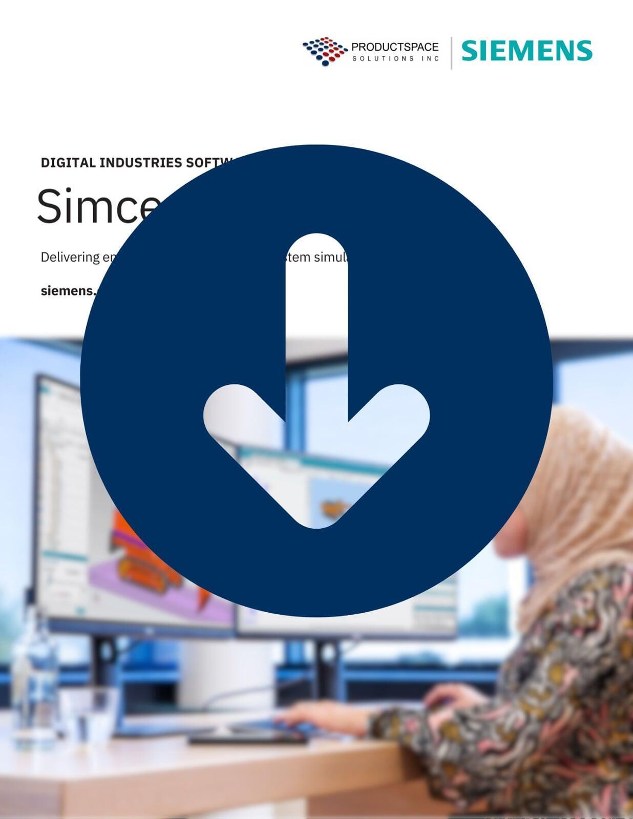 Woman using Simcenter Amesim on a dual-monitor setup, with a large download icon overlayed—used as a graphic for gated whitepaper access.