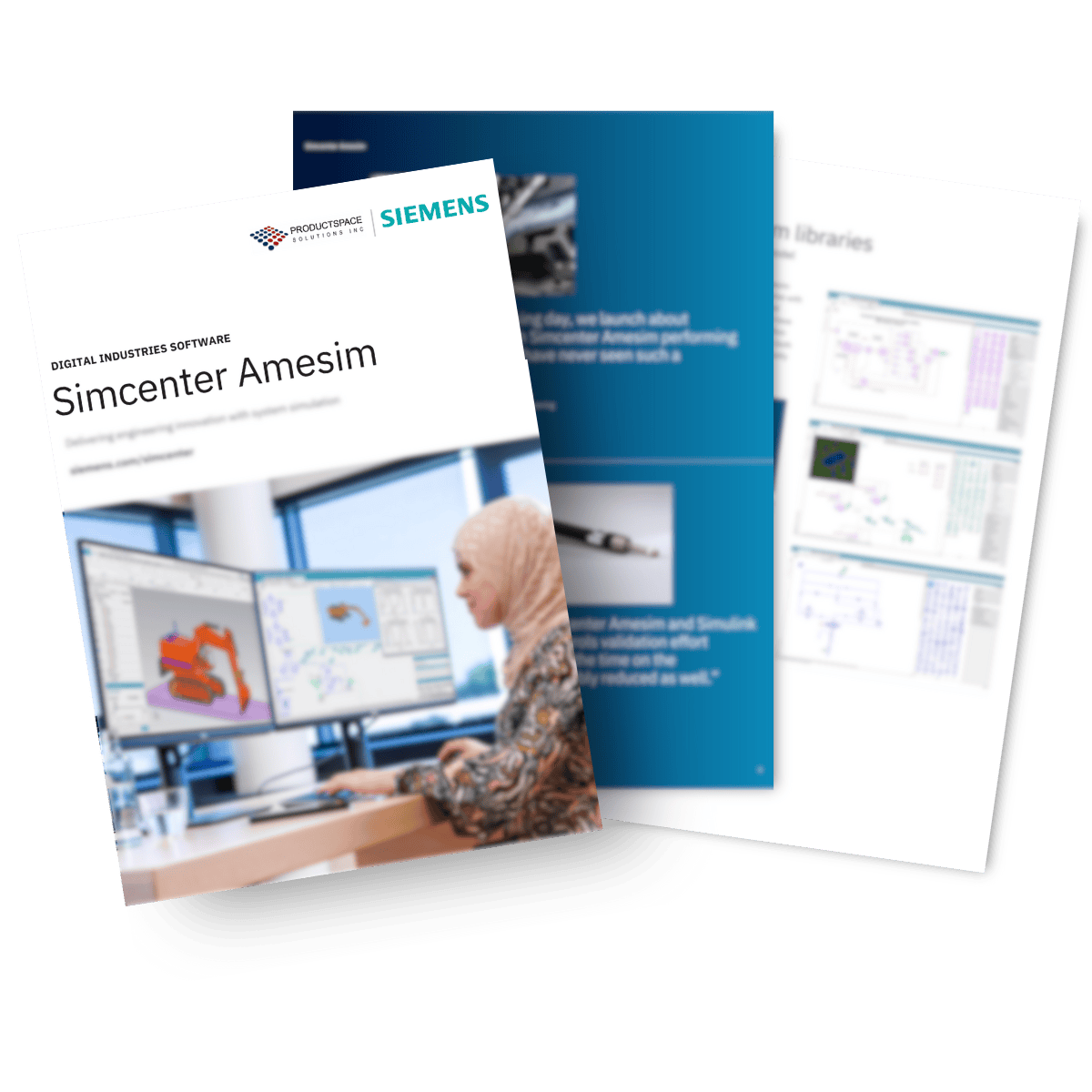 Simcenter Amesim whitepaper preview showing stacked sheets, with cover image of an engineer working on a system simulation dashboard.