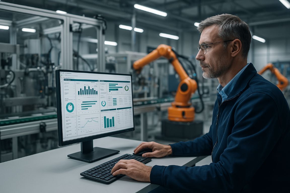 Engineer monitoring factory floor data on a screen with robotic arms in background, representing Opcenter