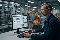 Engineer monitoring factory floor data on a screen with robotic arms in background, representing Opcenter