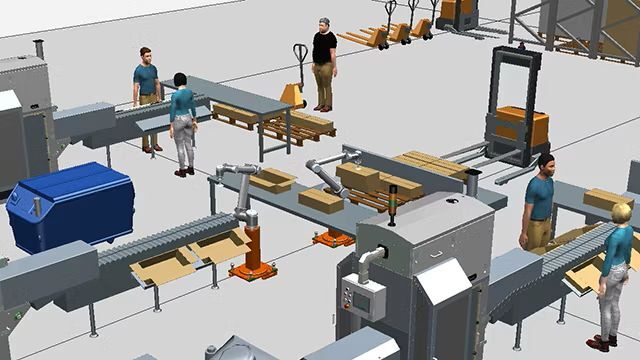3D simulation of an automated production line with robotics, representing Tecnomatix factory simulation