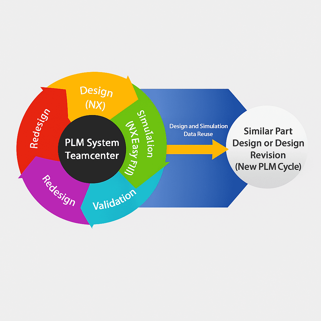 PLM system diagram representing Teamcenter cycle from Design and Simulation through Validation, Manufacturing, Redesign, and reuse for new product revisions.