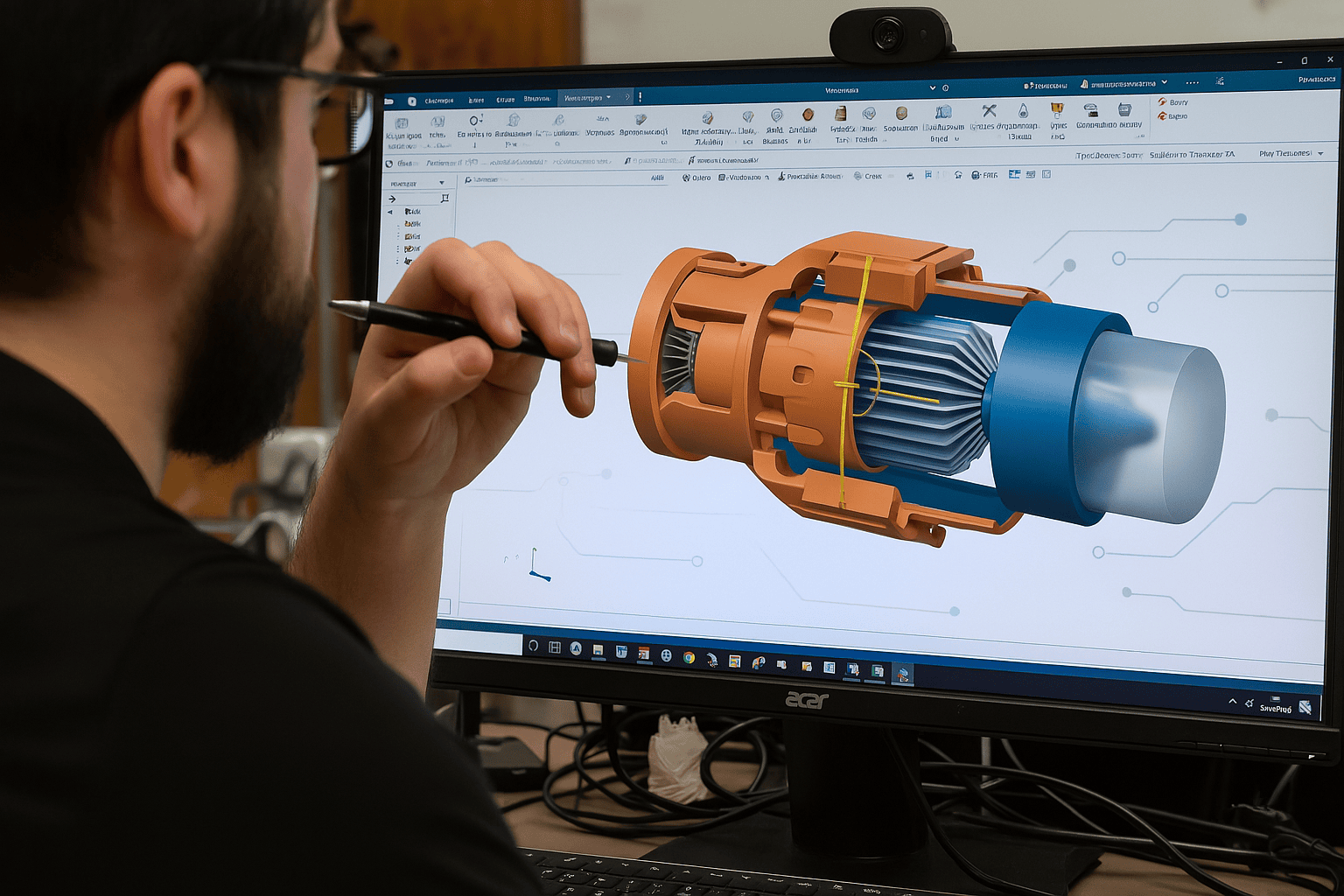 A male engineer interacting with a 3D model of aerospace equipment in Teamcenter X software on a computer screen, representing digital PLM editing in an office.