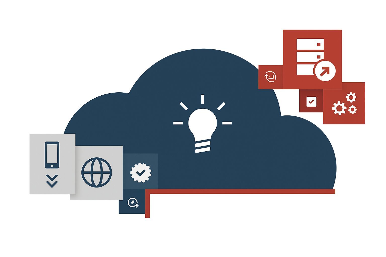 Stylized cloud graphic with abstract icons representing connectivity, innovation, automation, and system integration in a digital PLM environment.