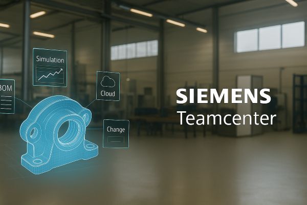 Hand pointing to digital icons representing interconnected engineering and product data in a Teamcenter PLM environment
