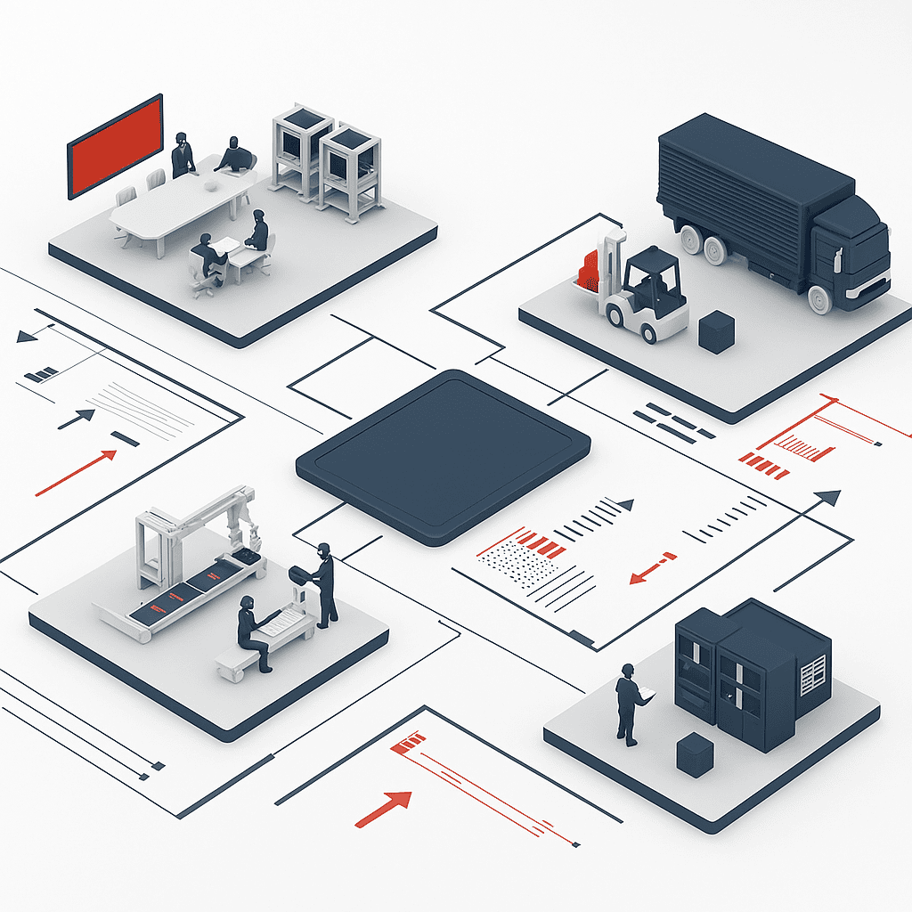 Isometric digital illustration of a connected manufacturing ecosystem with modular workspaces, equipment, and data flow lines representing PLM integration and automation.