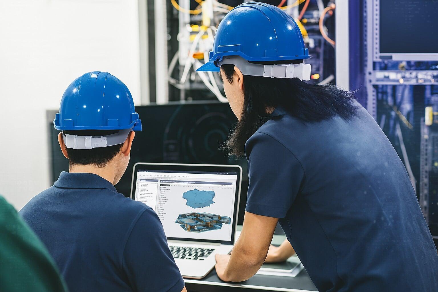Two engineers wearing blue hard hats working together on a laptop displaying a 3D model in a Windchill-style interface, set in a modern industrial workspace.