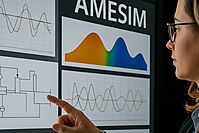 Engineer analyzing graphs and simulation models on multiple monitors, representing Simcenter Amesim system modeling