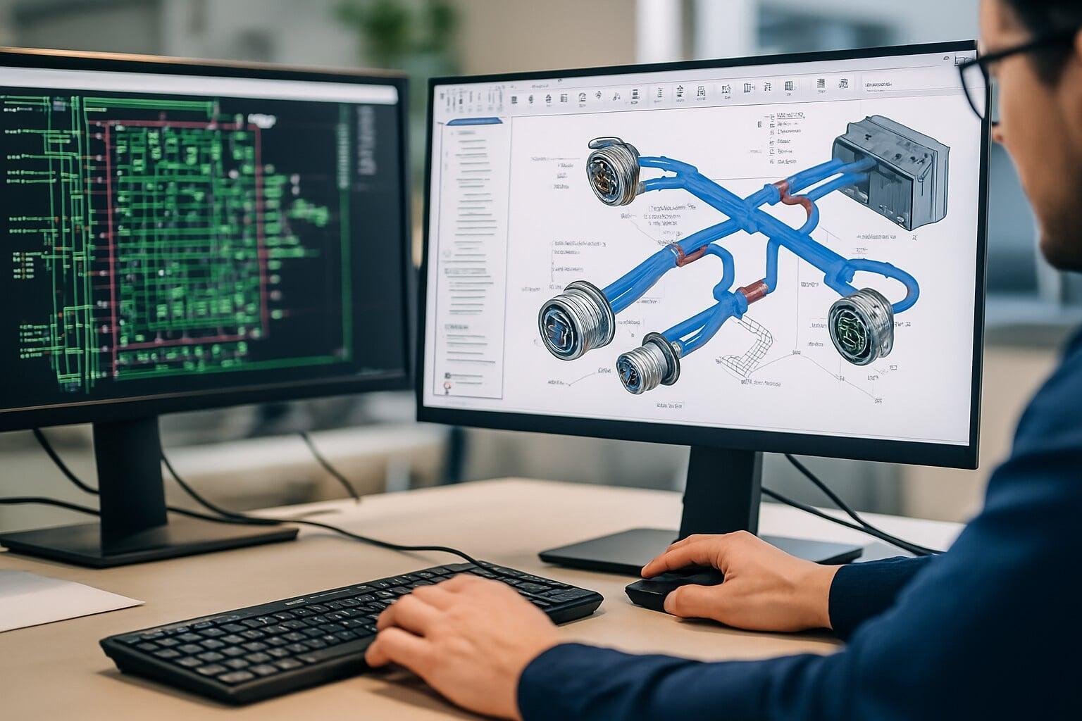 Photorealistic image of an engineer working on wire harness and PCB design in an electrical CAD interface.