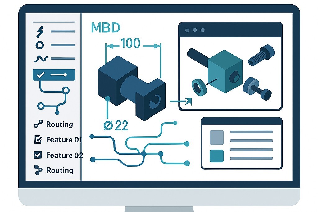 Flat-style digital illustration showing parametric and surface modeling in a mechanical CAD workstation interface.