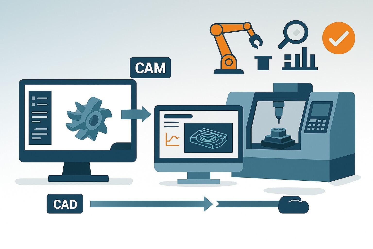 Illustration showing the integration of CAD, CAM, CNC machining, and additive manufacturing in one platform.