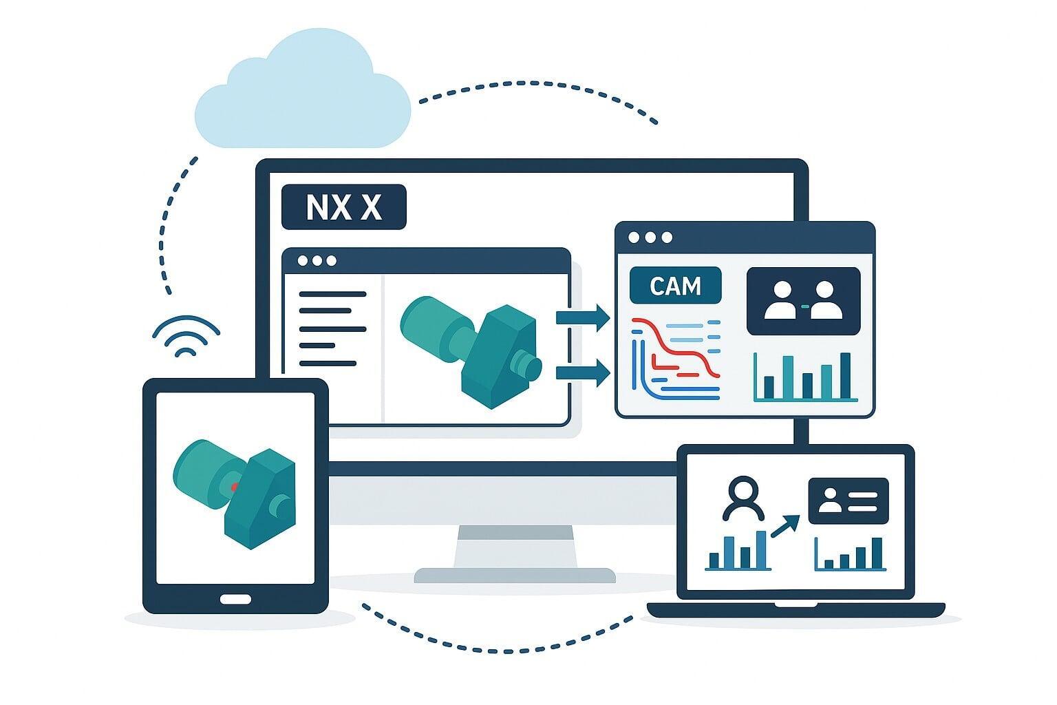 Flat-style digital illustration showing the NX X platform across multiple connected devices, with UI windows for design, CAM, and collaboration dashboards, all synced via cloud on a white background.