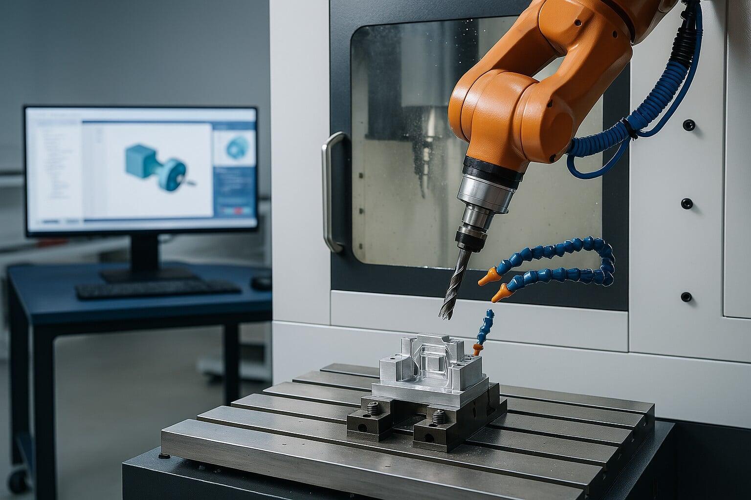 CNC machine operator overseeing digital manufacturing process connected to cloud-based NX CAM system in a modern workshop environment.