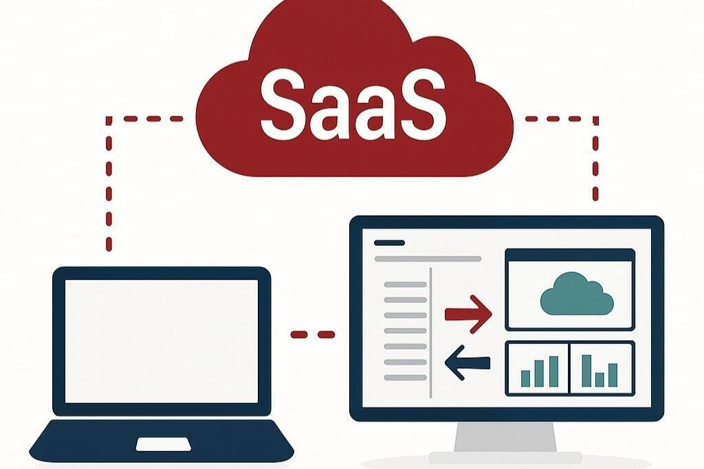 Graphic illustration of cloud with SaaS in it and two computer screens