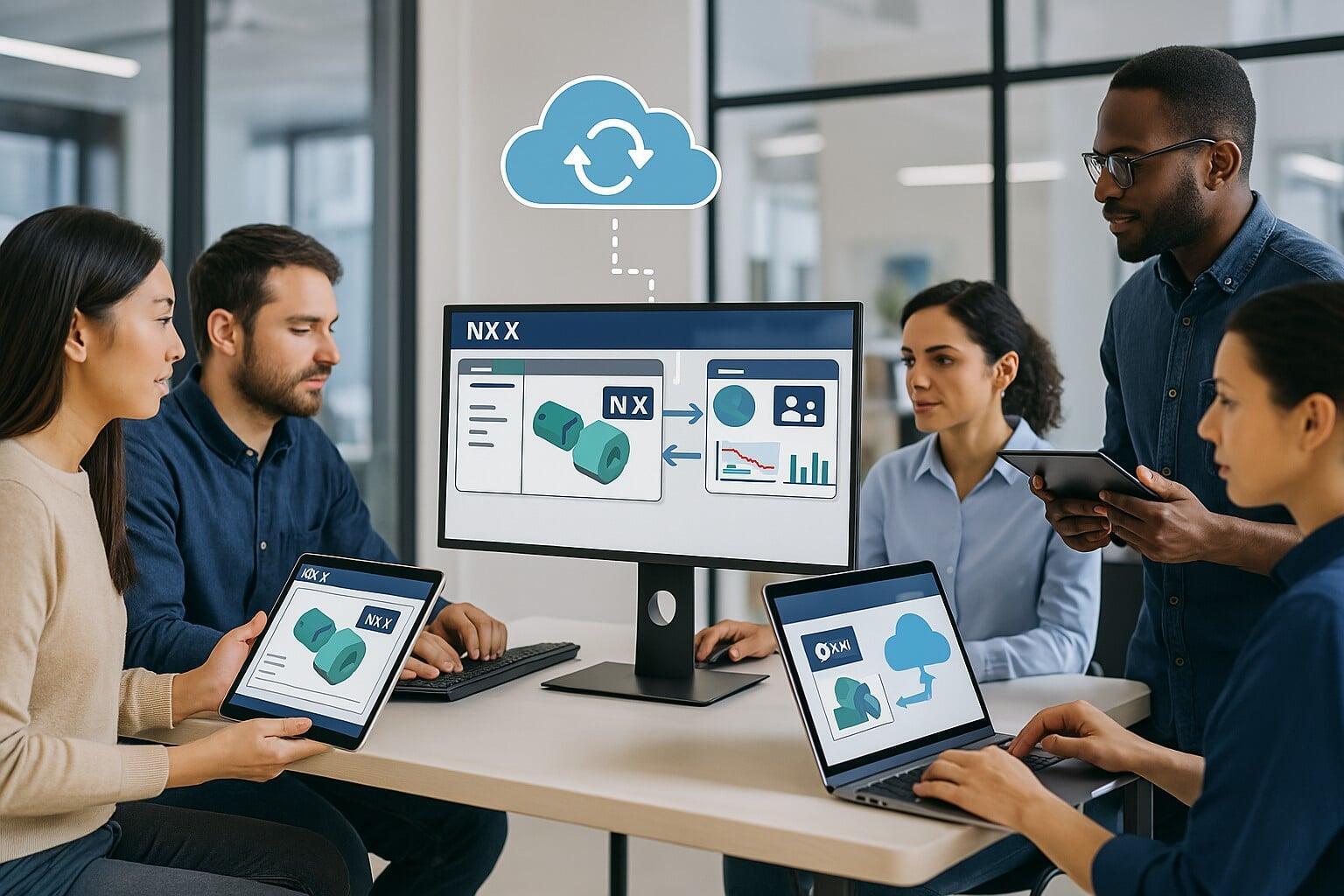 Engineering team using cloud-connected NX X software across multiple devices in a collaborative, modern office setting.