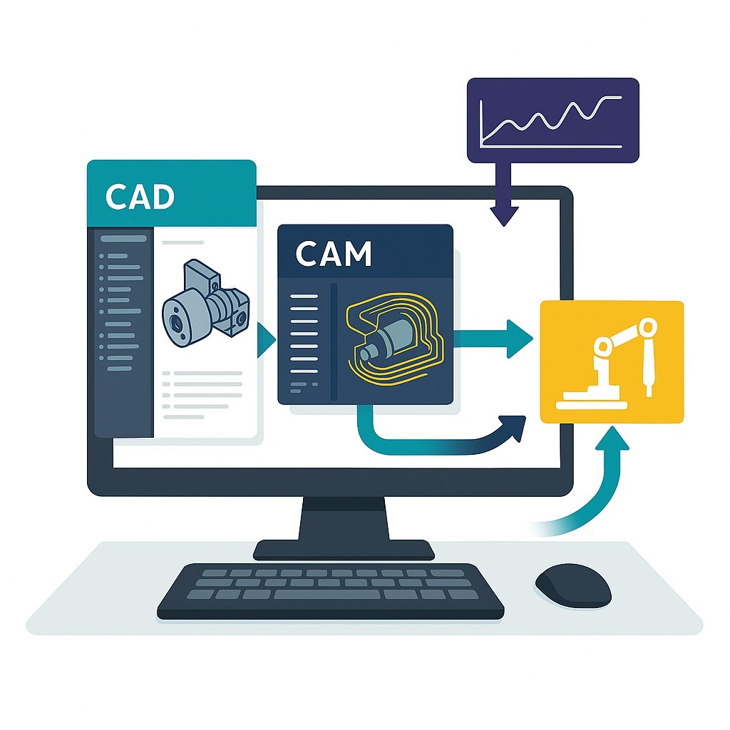 NX interface showing CAD-to-CAM workflows with simulation panels and visual process arrows on a clean white background.