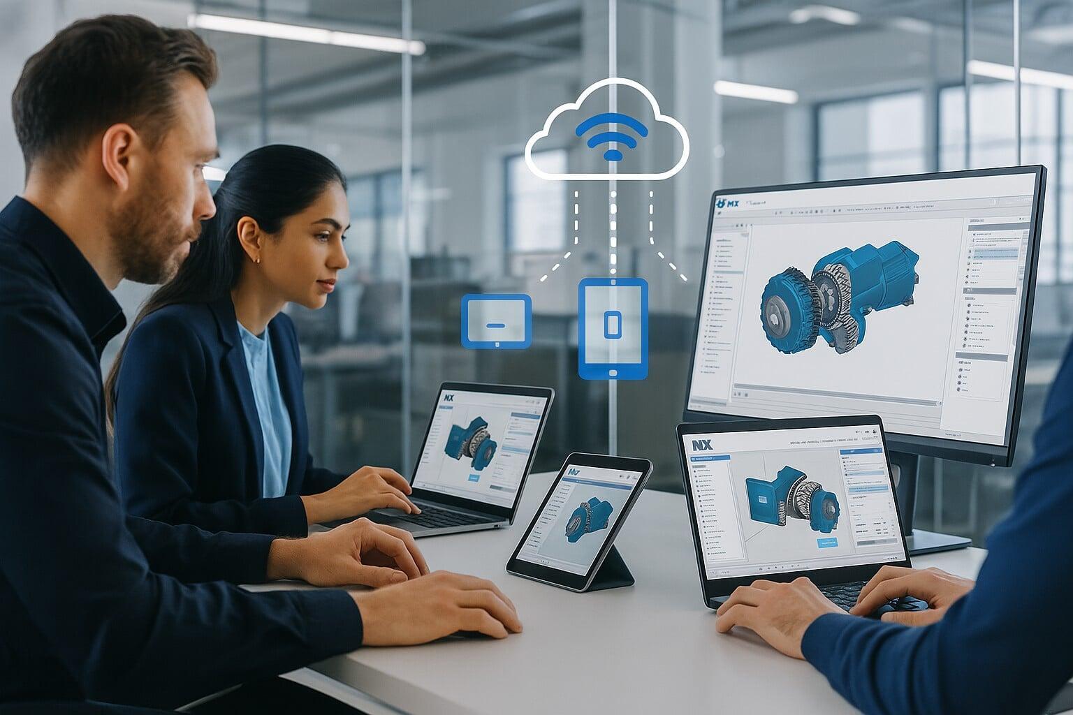 Professionals in a hybrid office collaborating on NX X software with real-time product model syncing across laptops, tablets, and desktops.