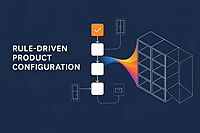 Digital illustration of engineer-to-order automation with rule-driven product configuration, representing Rulestream