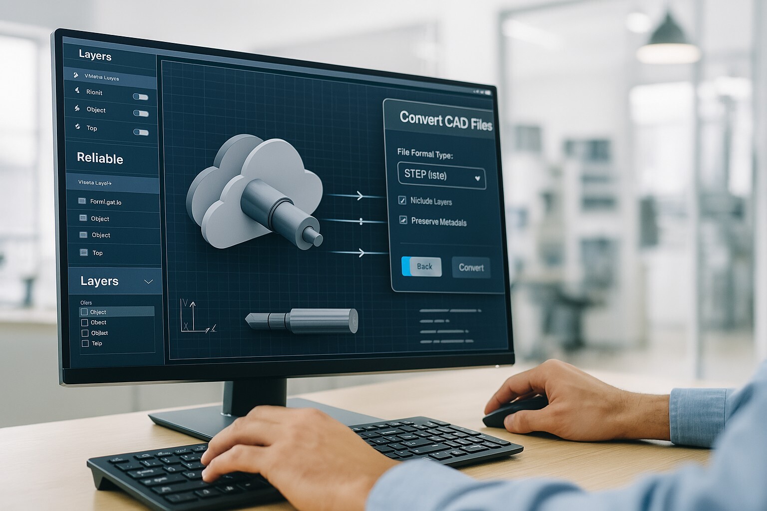 Designer converting CAD models between formats with software windows showing file type conversion.