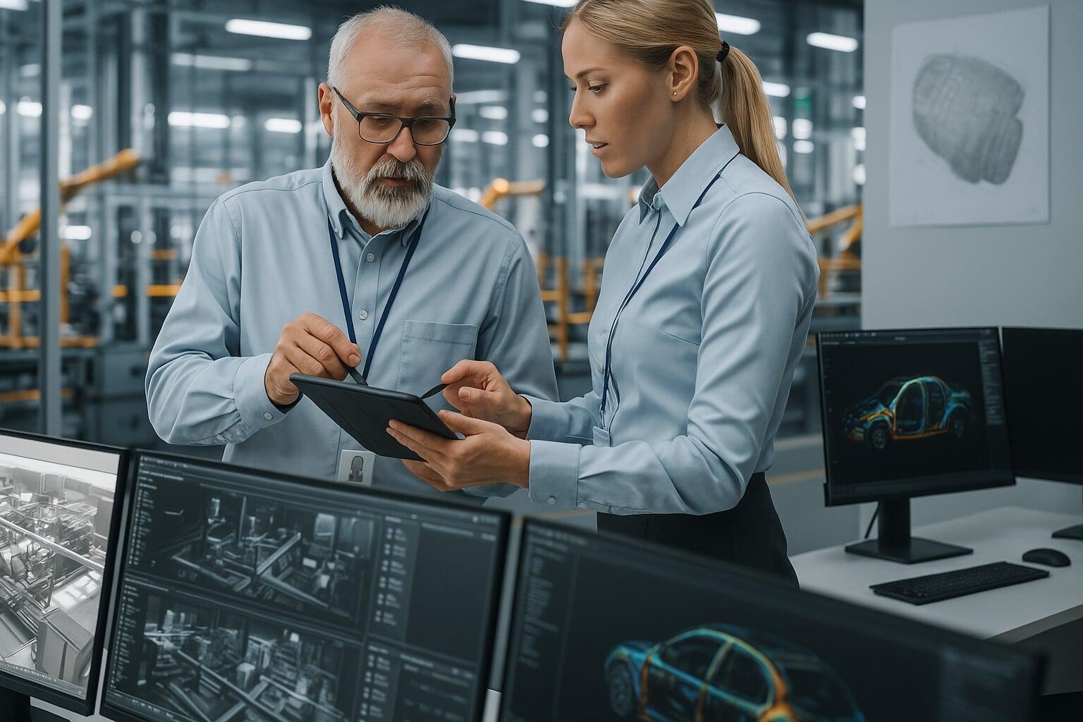 Two professionals collaborating on 3D CAD software in an advanced industrial setting.