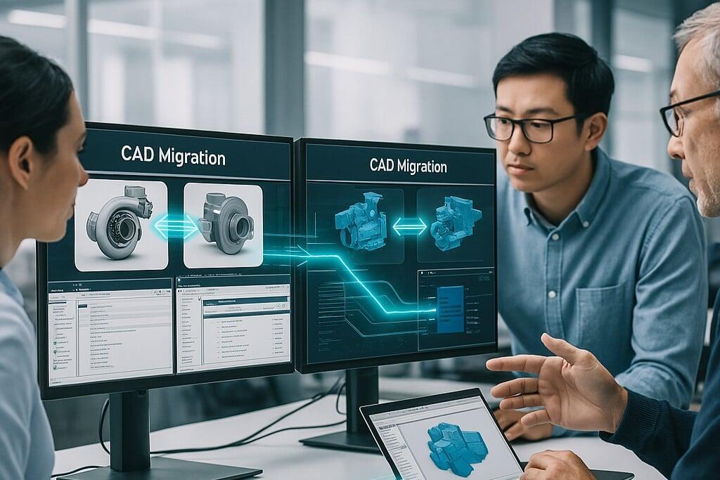 Engineers reviewing CAD software while data migrates between platforms on dual monitors.