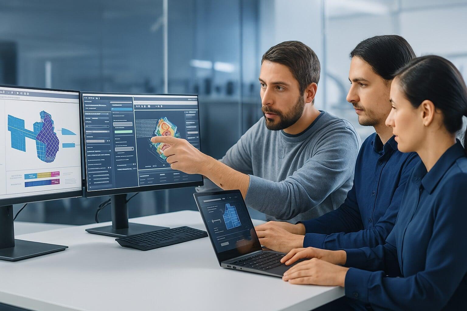 Team of CAD engineers collaborating and onboarding a new team member in a design office.