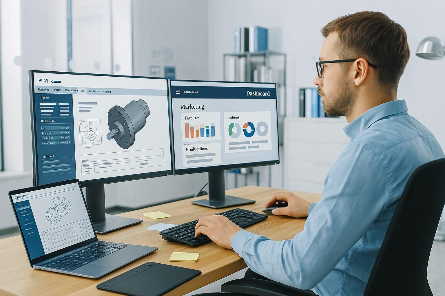 Photorealistic image of a designer creating department-specific PLM apps at a dual-screen workstation with simplified dashboards and part drawings.