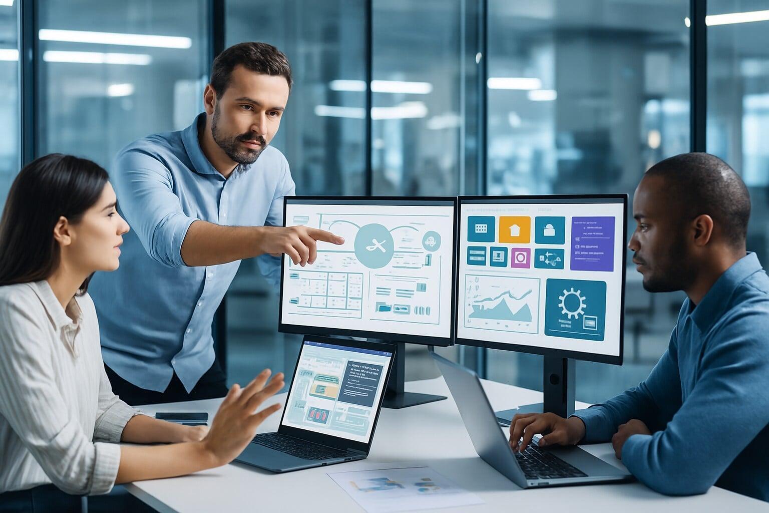 Photorealistic office showing an engineering team collaborating on customized software dashboards with modular interfaces and integration workflows.