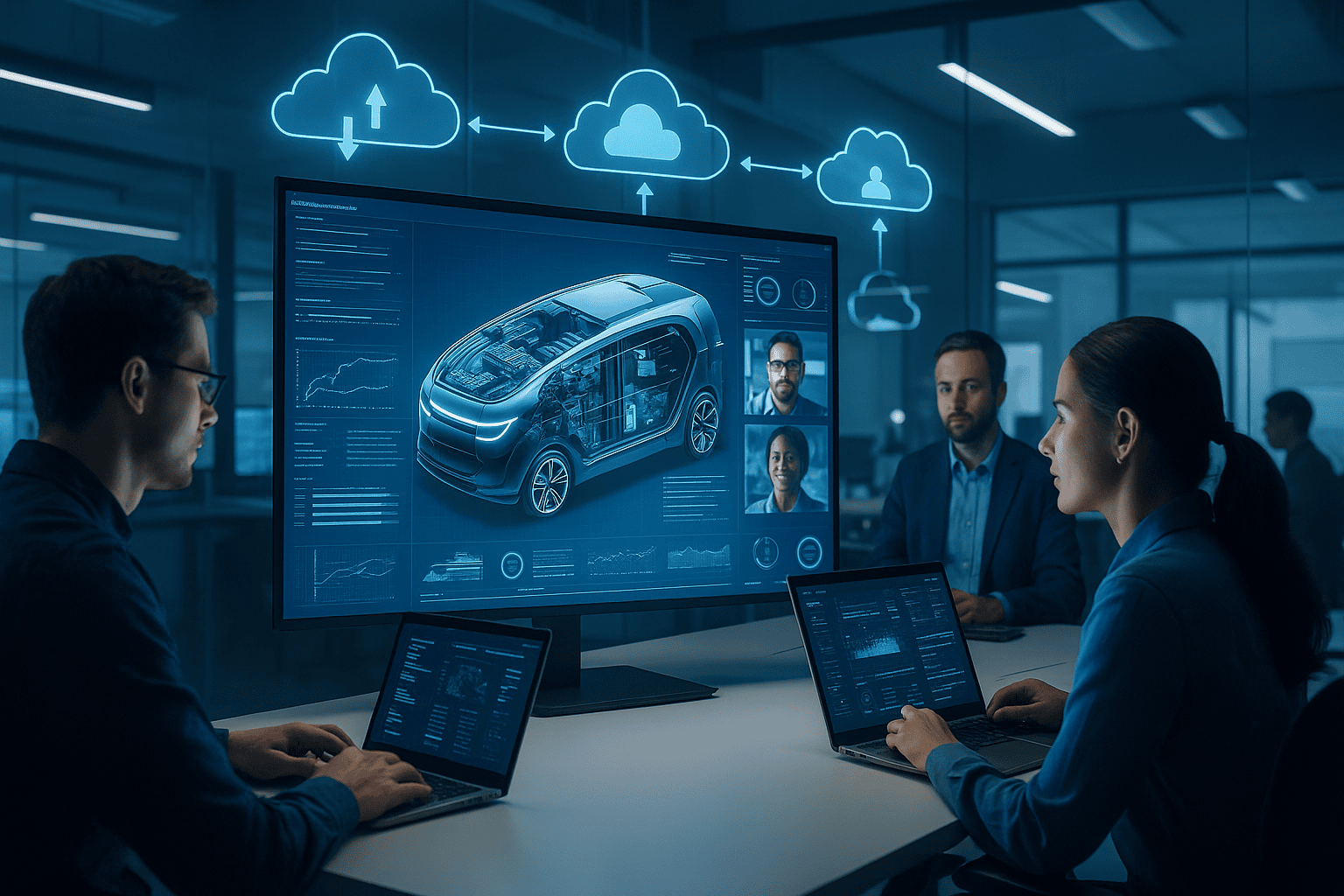 Photorealistic engineering workspace showing a digital twin of a smart product on a screen, with virtual collaboration, cloud icons, and connected data flows.