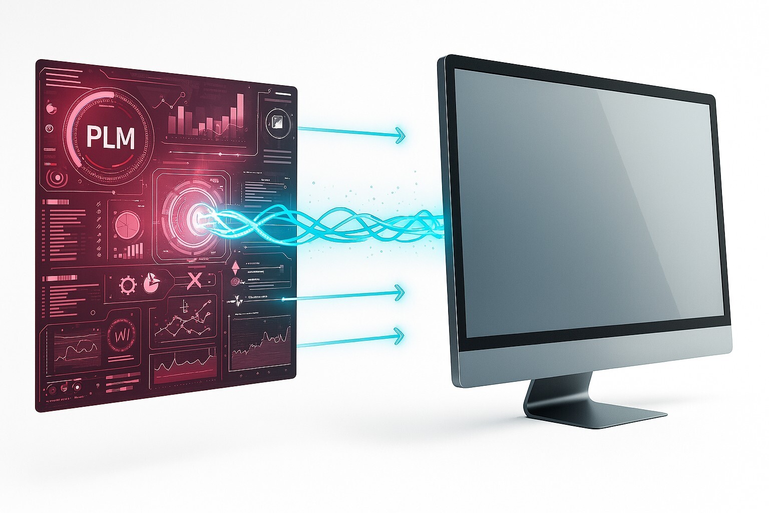 Photorealistic digital illustration showing PLM data transferring through glowing integration lines to another screen, set against a clean white background to represent PLM-to-PLM connectivity.