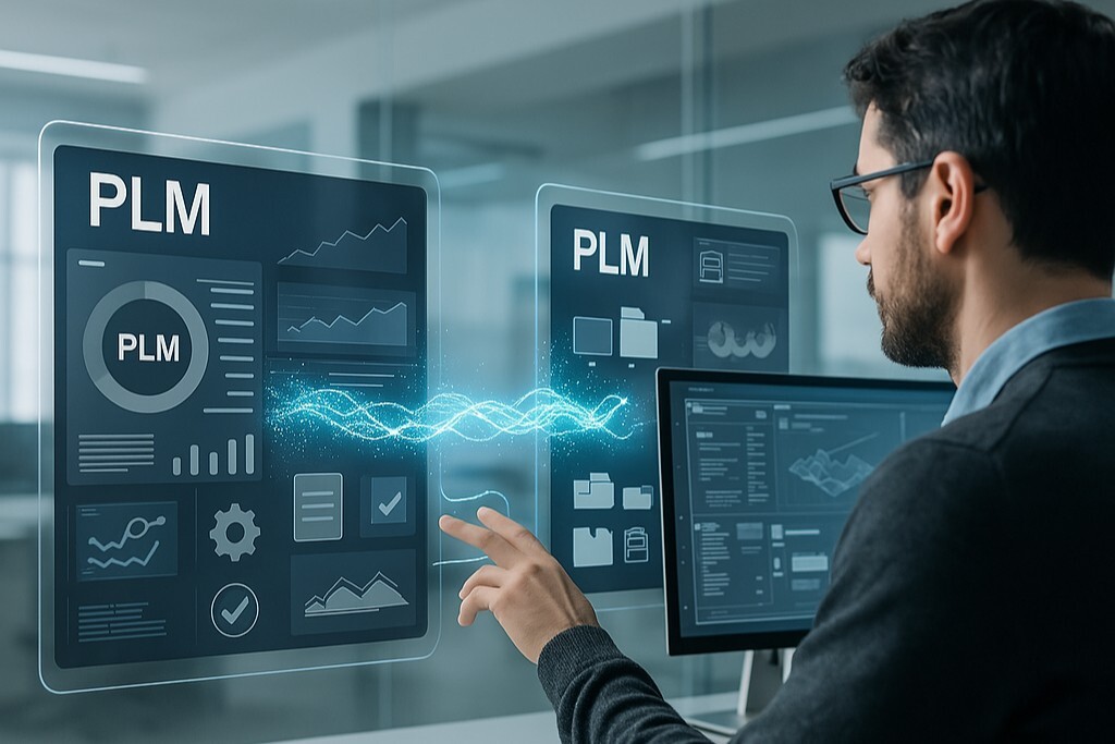 Visual of two PLM interfaces exchanging engineering data through connected digital pathways