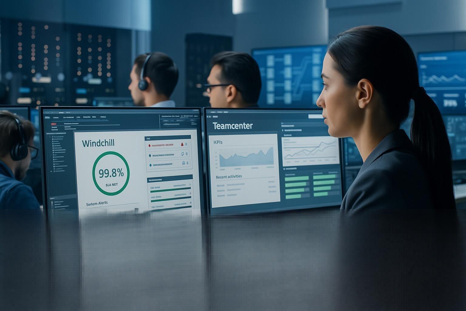 An engineer focuses on dual monitors displaying PLM dashboards and system alerts in a dimly lit, modern workspace.