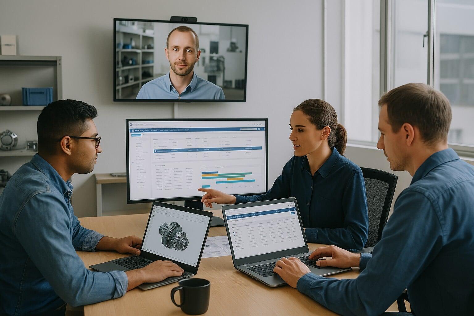 A hybrid engineering team collaborates in a modern meeting room, with one member joining via video call and others reviewing product data on laptops and shared monitors.