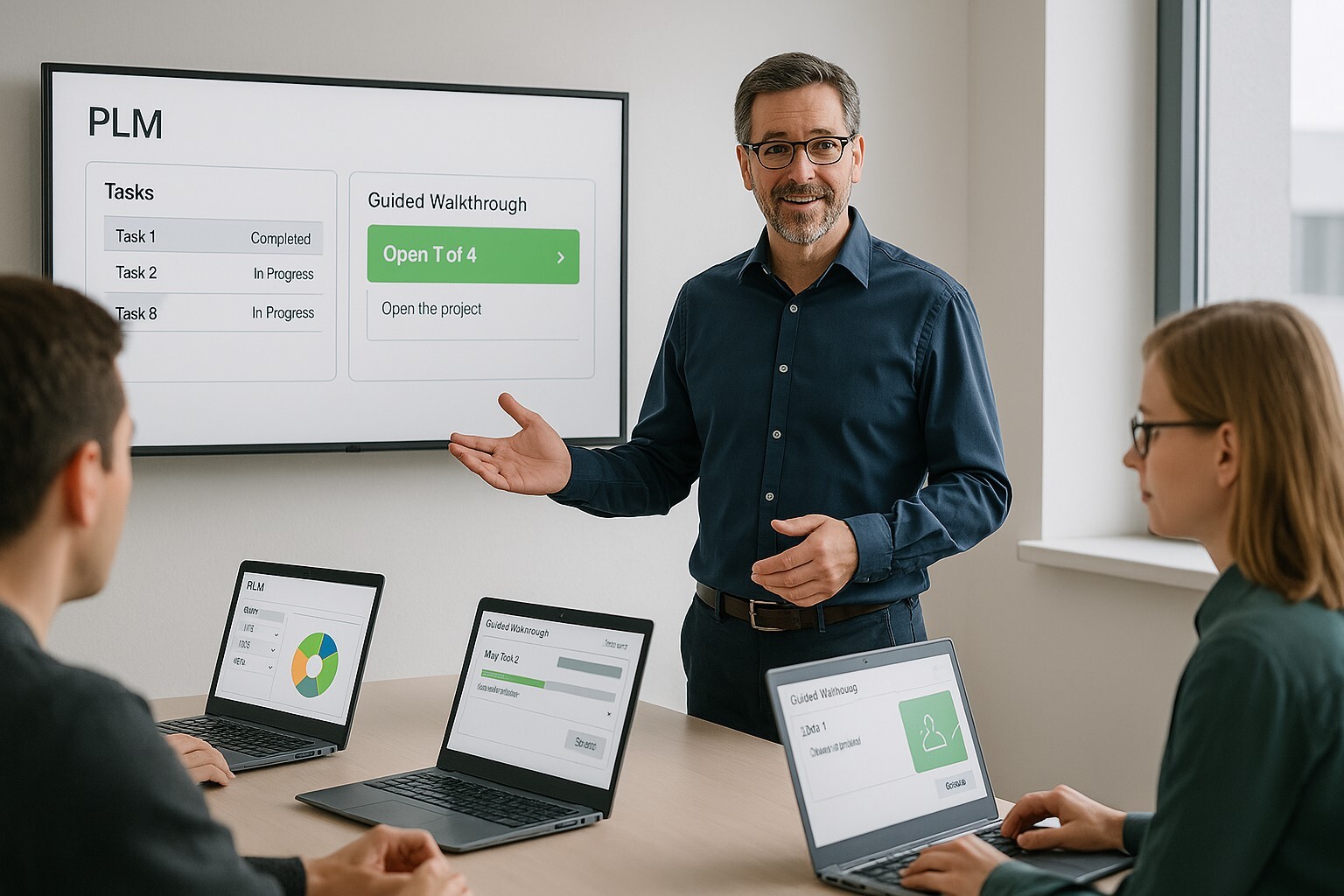 A PLM instructor leads a small in-person training session, presenting a guided walkthrough on a wall-mounted screen while participants follow along on laptops.