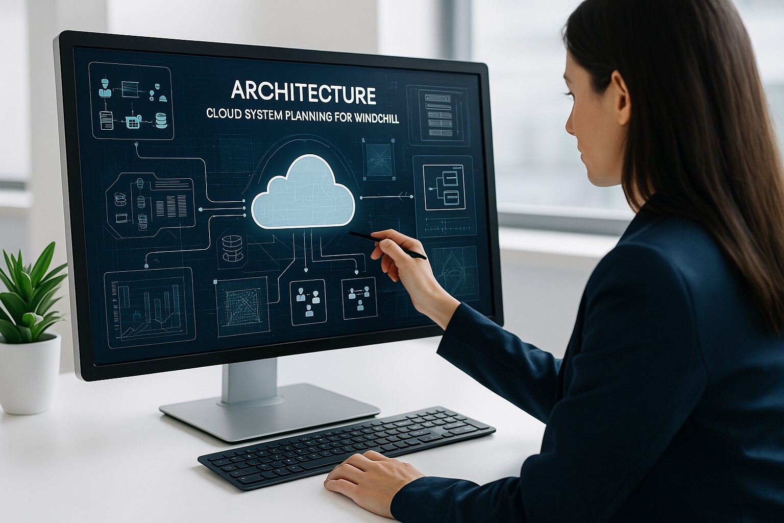 Professional using a digital dashboard to architect cloud infrastructure for Windchill with layered system diagrams and planning tools