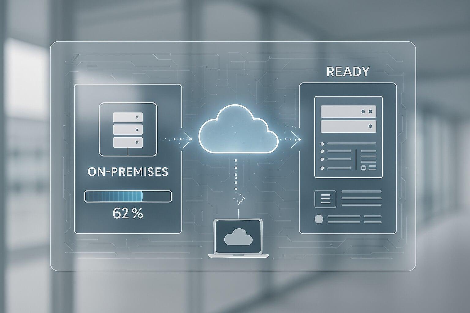 Transparent data interface showing cloud migration of Windchill systems with digital progress bars and transfer indicators in a modern workspace