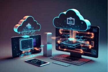 Digital illustration of interconnected cloud systems and desktop computers showing data transfer