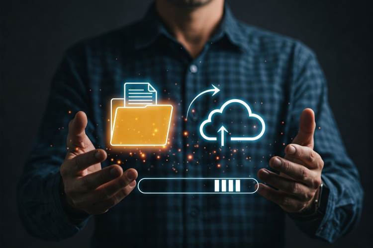Man holding digital icons representing data migration and cloud upload with a progress bar