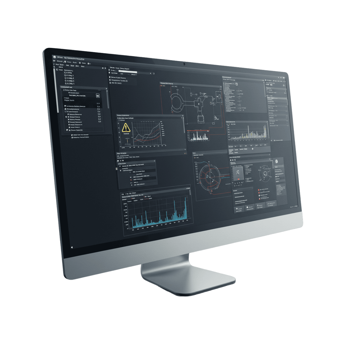 CAD design software displaying technical schematics and performance graphs on a computer monitor with white background