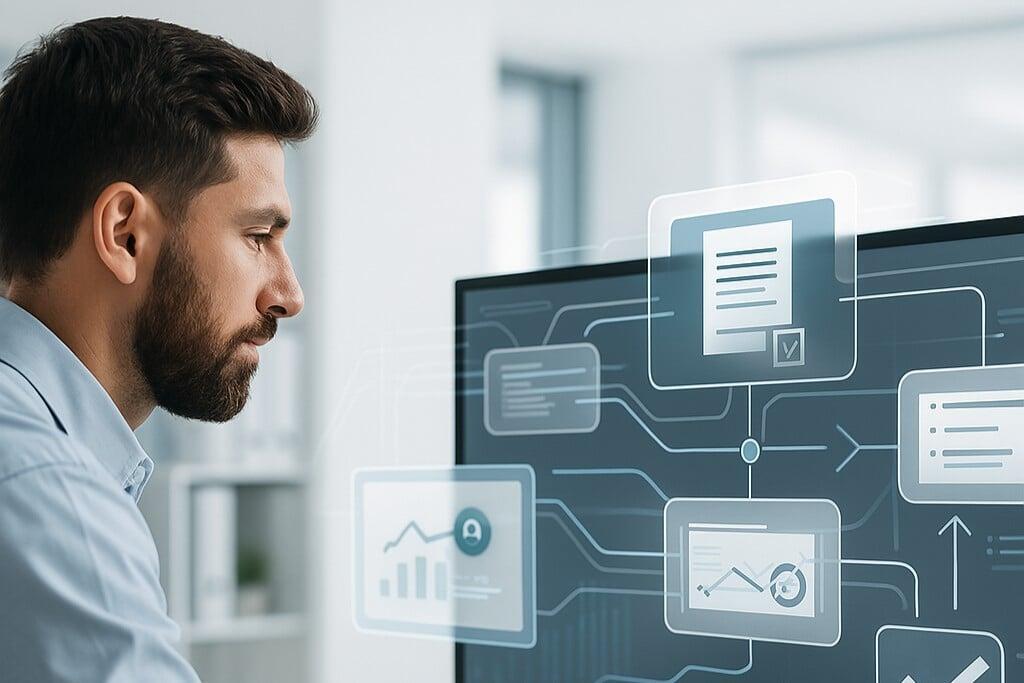 Professional interacting with digital workflow interface on a widescreen monitor in office setting