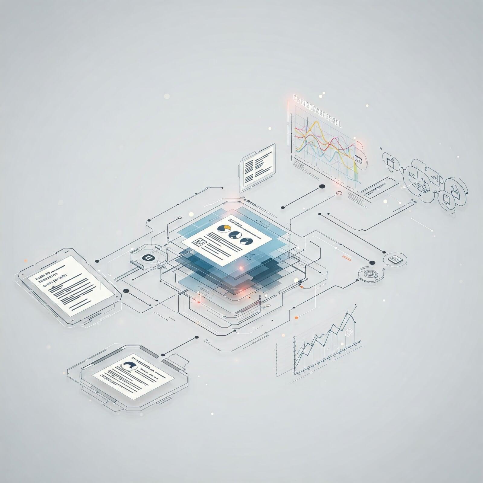 Abstract digital illustration of interconnected documents, charts, and workflow elements representing engineering change management systems on a light gray background