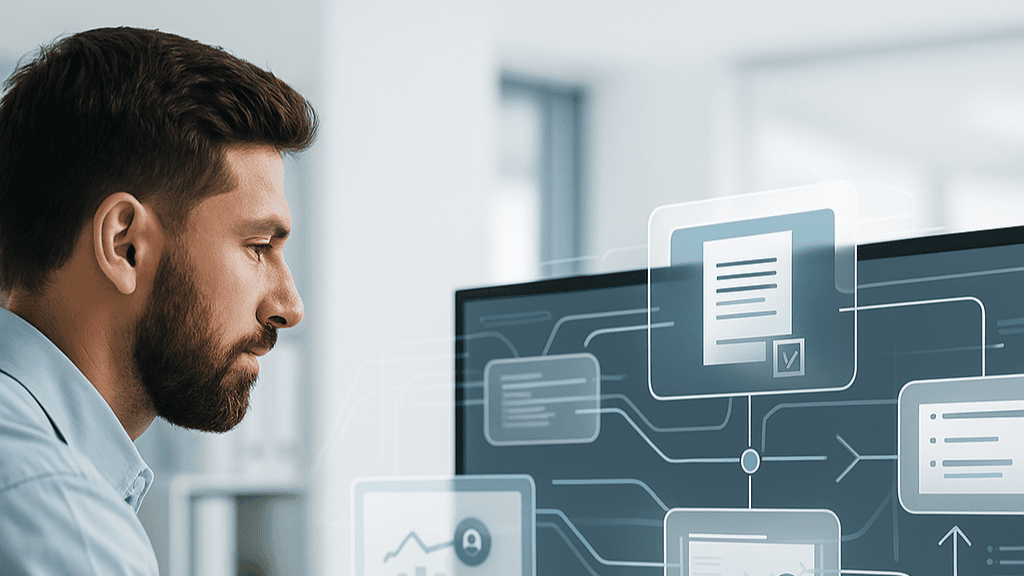 Professional engineer analyzing digital change management workflows on a large monitor in a modern office setting